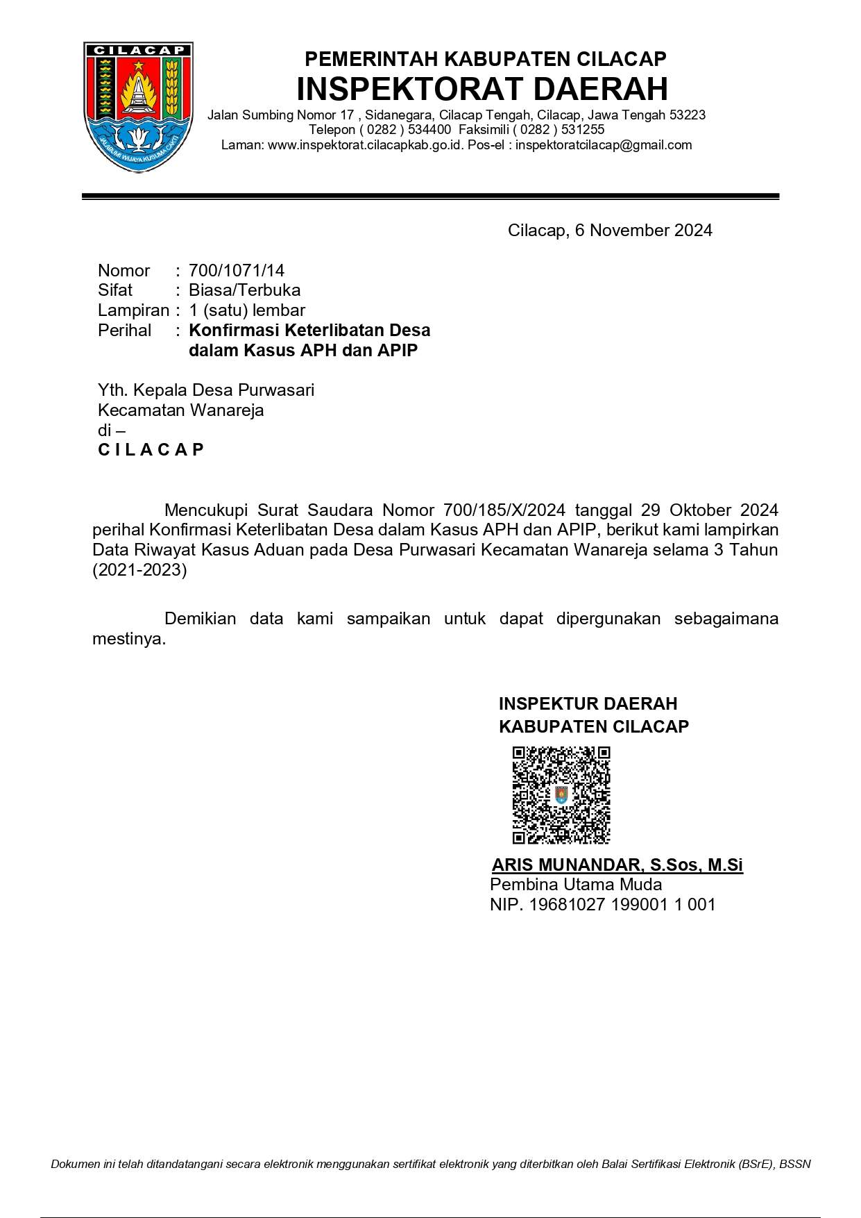 Surat Konfirmasi Keterlibatan Kasus desa Purwasari